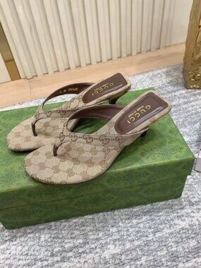 Gucci GG Canvas Thong Mule Kitten Heel Sandals